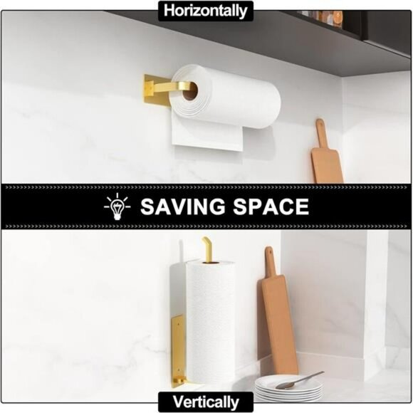 Gold Paper Towel Holder Under Cabinet Adhesive Drill Mount Kitchen Rack - Picture 3 of 7